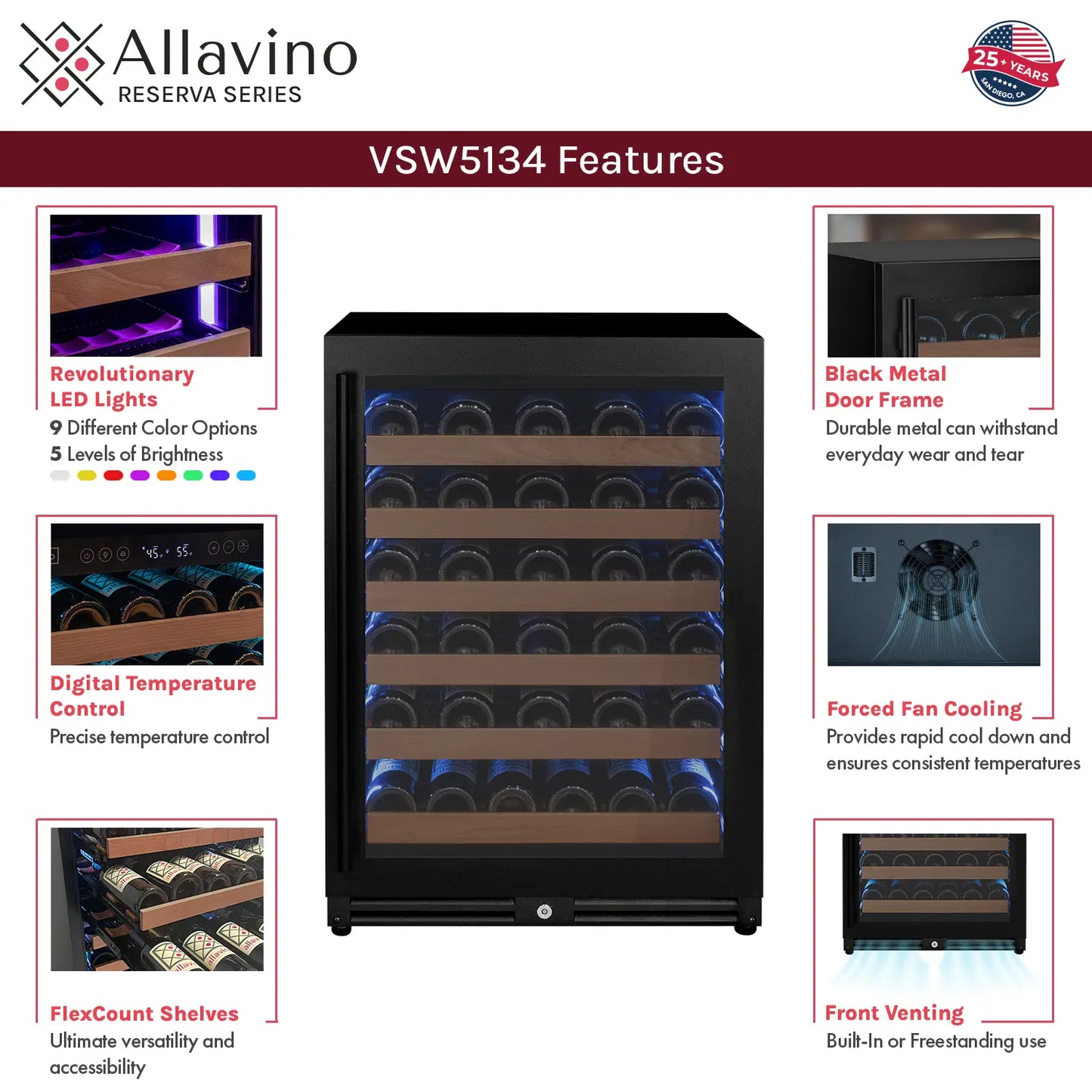 Allavino Reserva Series 102 Bottle Dual Zone Built-in Luxury Wine Refrigerator with Black Metal Doors - Side-by-Side