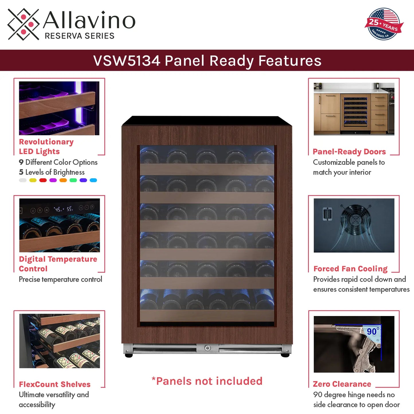 Allavino Reserva Series 102 Bottle Four Zone Undercounter Wine Refrigerator Cooler with Panel Ready Overlay Doors - Side-by-Side