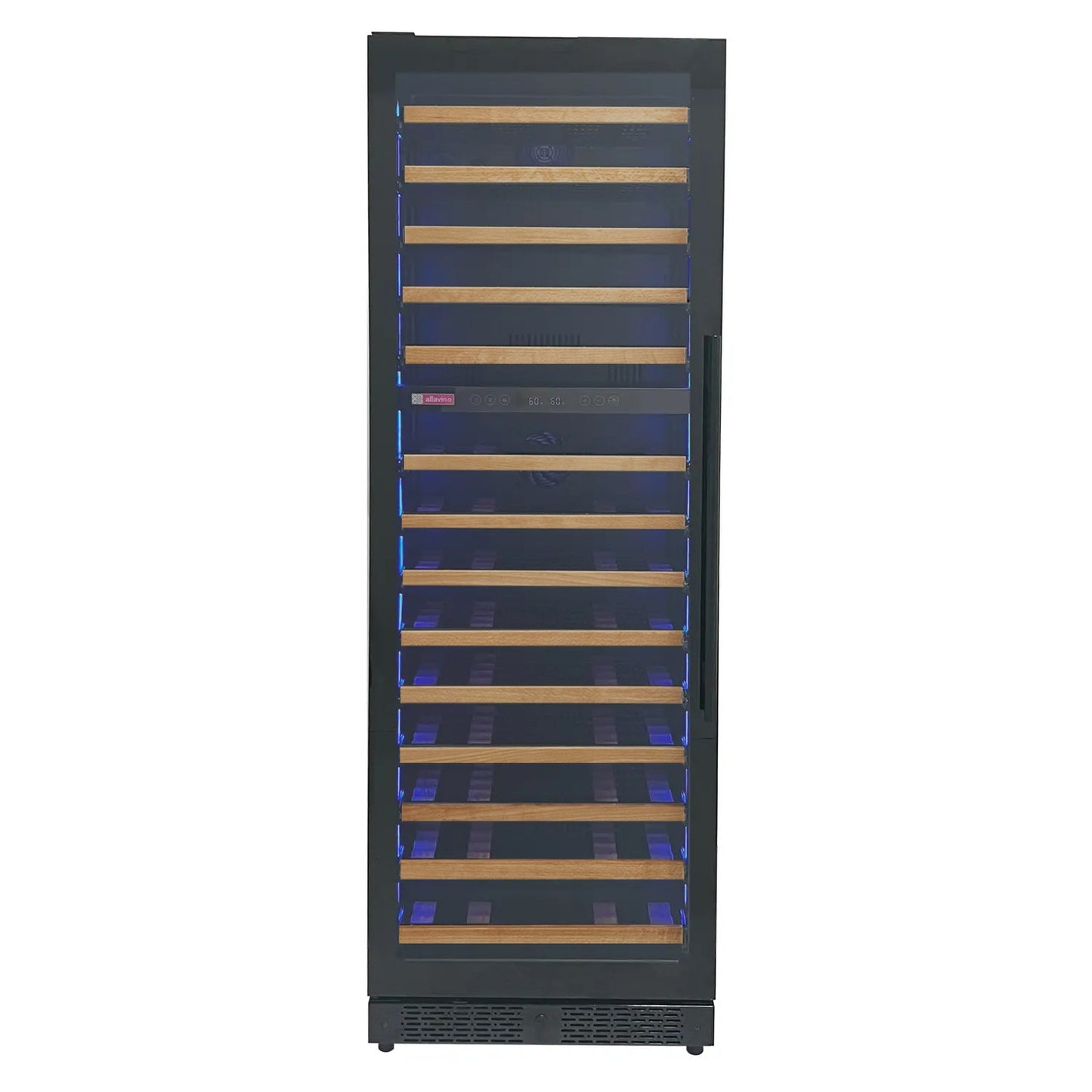 Allavino Reserva Series 67 Bottle 71" Tall Dual Zone Left Hinge Black Shallow Wine Refrigerator with Wood Front Shelves