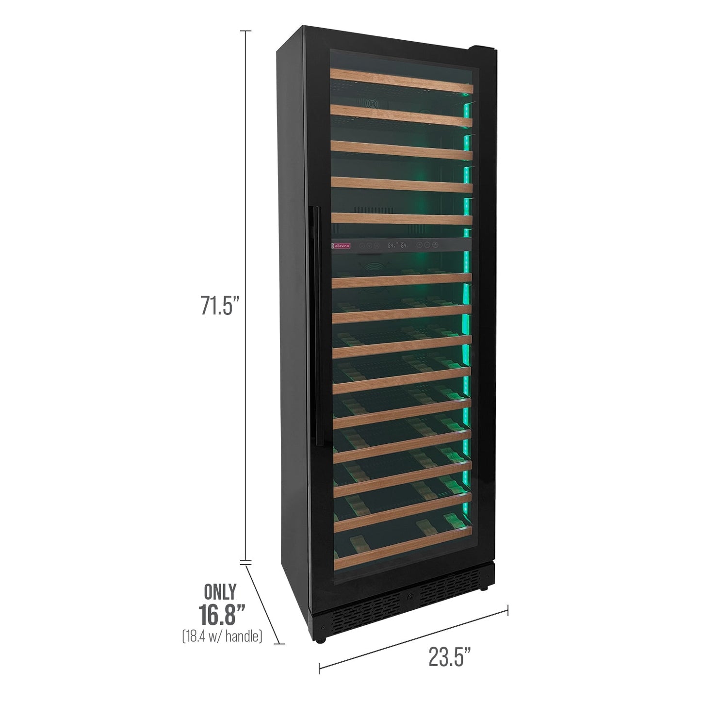 Allavino Reserva Series 67 Bottle 71" Tall Dual Zone Right Hinge Black Shallow Wine Refrigerator with Wood Shelf Fronts