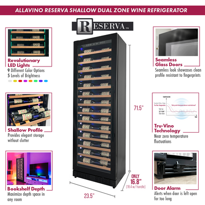 Allavino Reserva Series 67 Bottle 71" Tall Single Zone Left Hinge Black Shallow Wine Refrigerator with Wood Front Shelves