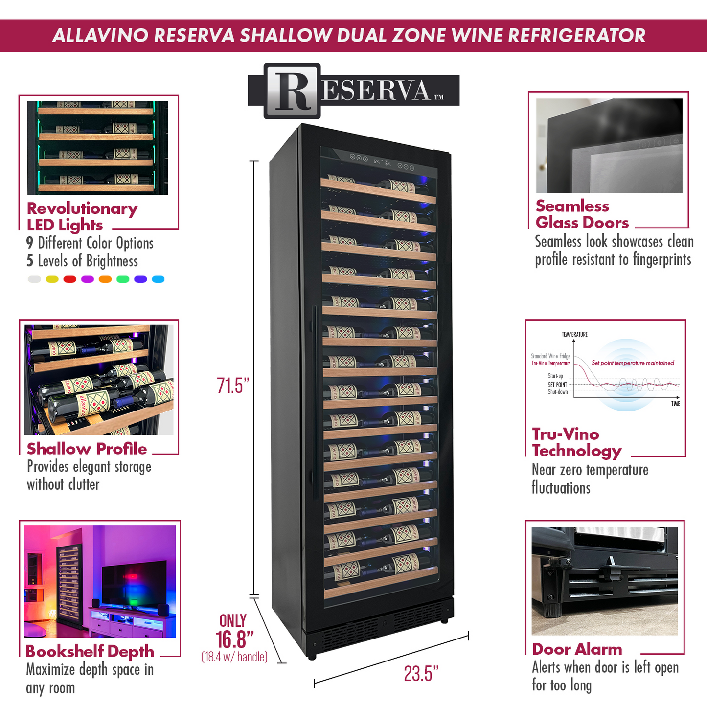 Allavino Reserva Series 67 Bottle 71" Tall Single Zone Right Hinge Black Shallow Wine Refrigerator with Wood Front Shelves