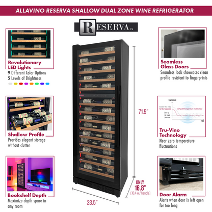 Allavino Reserva Series 67 Bottle 71" Tall Dual Zone Left Hinge Black Shallow Wine Refrigerator with Wood Front Shelves