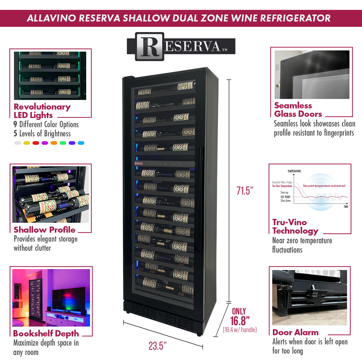 Allavino Reserva Series 67 Bottle 71" Tall Dual Zone Left Hinge Black Shallow Wine Refrigerator Console