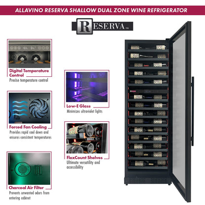 Allavino Reserva Series 67 Bottle 71" Tall Dual Zone Right Hinge Black Shallow Wine Refrigerator Console