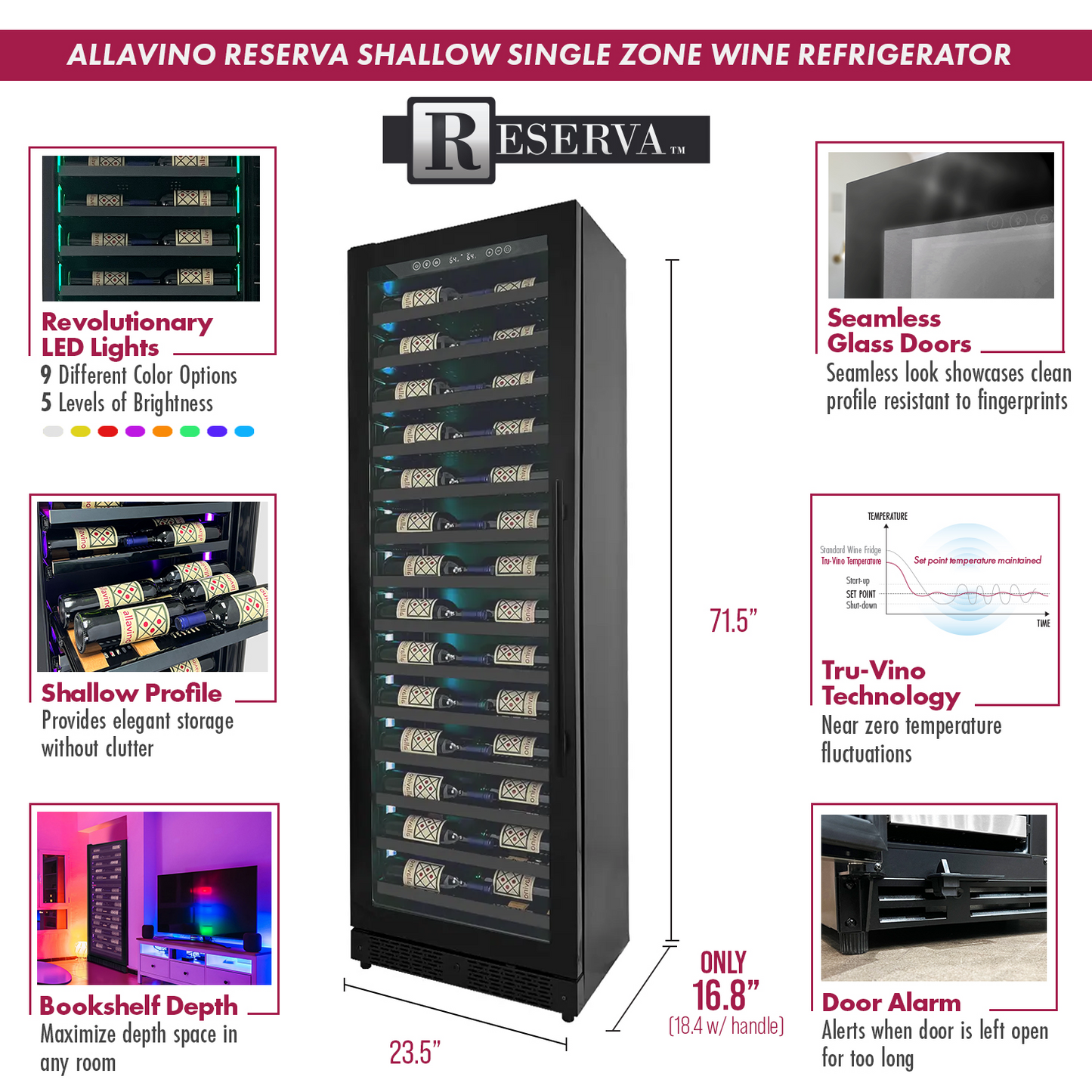 Allavino Reserva Series 67 Bottle 71" Tall Single Zone Left Hinge Black Shallow Wine Refrigerator Console