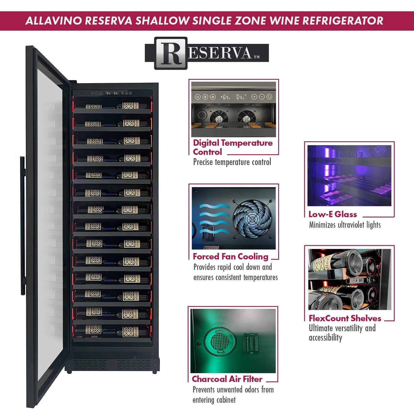 Allavino Reserva Series 67 Bottle 71" Tall Single Zone Left Hinge Black Shallow Wine Refrigerator Console