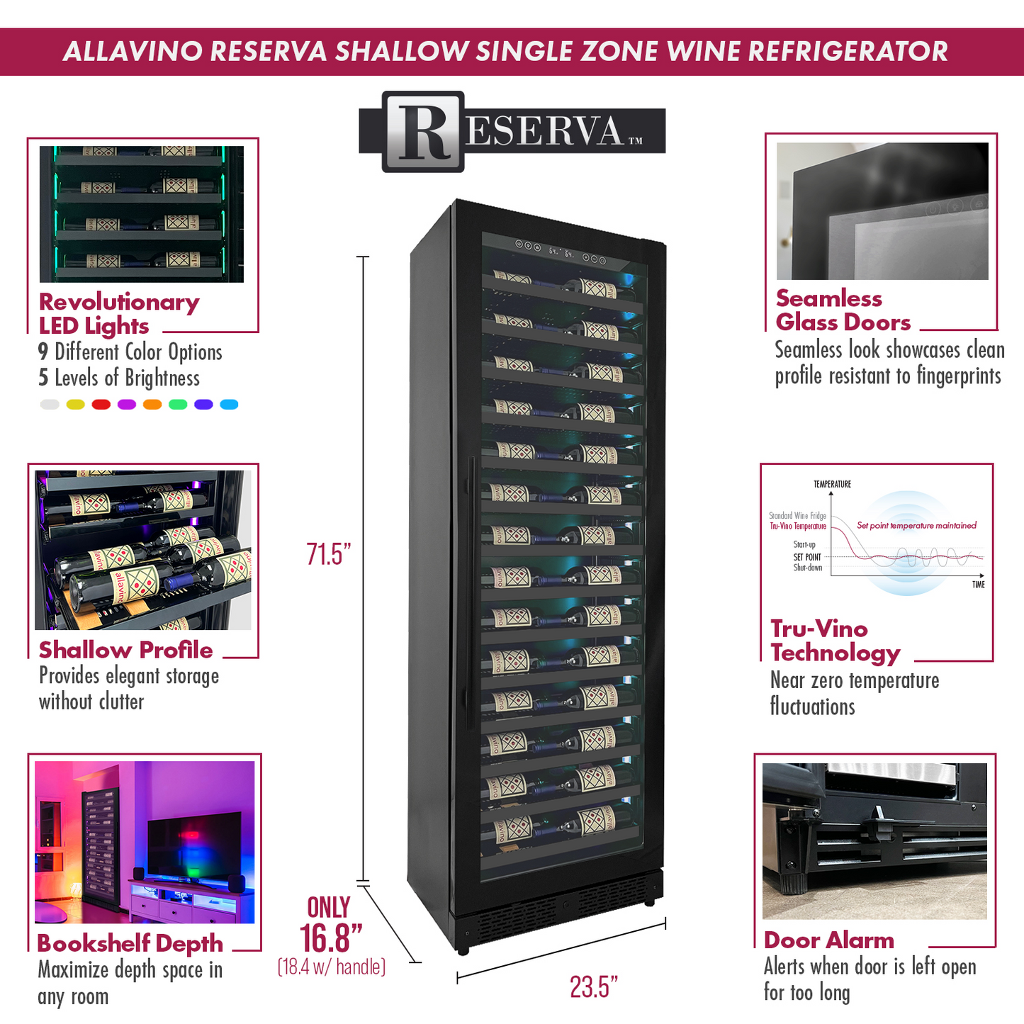 Allavino Reserva Series 67 Bottle 71" Tall Single Zone Right Hinge Black Shallow Wine Refrigerator Console