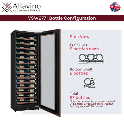 Allavino Reserva Series 67 Bottle 71" Tall Single Zone Right Hinge Panel Ready Overlay Shallow Wine Refrigerator with Wood Front Shelves