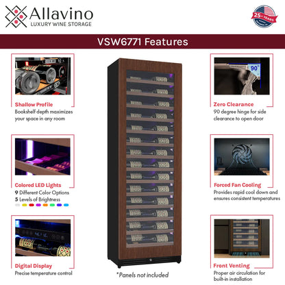 Allavino Reserva Series 67 Bottle 71" Tall Single Zone Right Hinge Panel Ready Overlay Shallow Wine Refrigerator with Wood Front Shelves