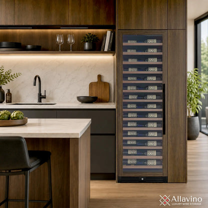Allavino Reserva Series 67 Bottle 71" Tall Single Zone Right Hinge Panel Ready Overlay Shallow Wine Refrigerator with Wood Front Shelves