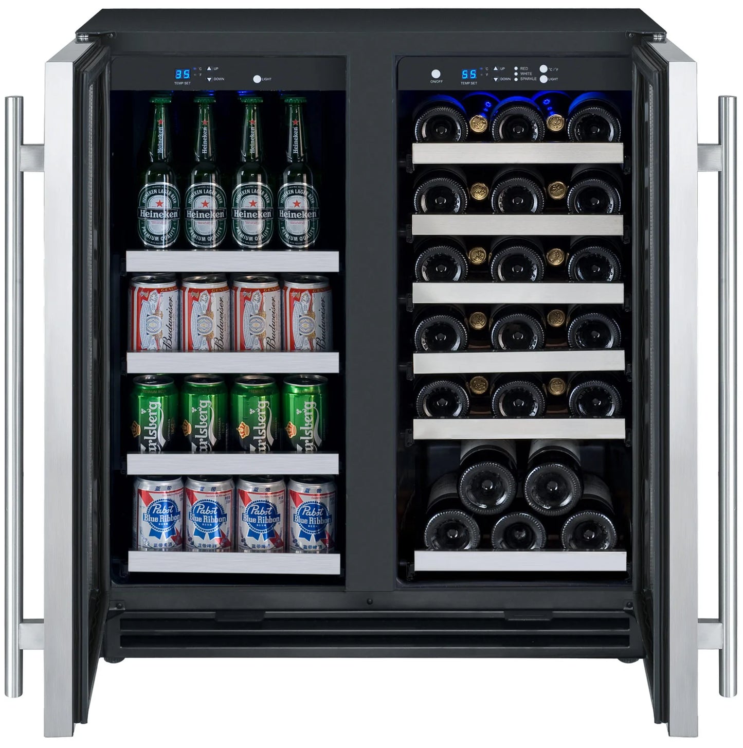 Allavino 30" Wide FlexCount II Tru-Vino 30 Bottle/88 Can Dual Zone Stainless Steel Built-In Wine Refrigerator/Beverage Center