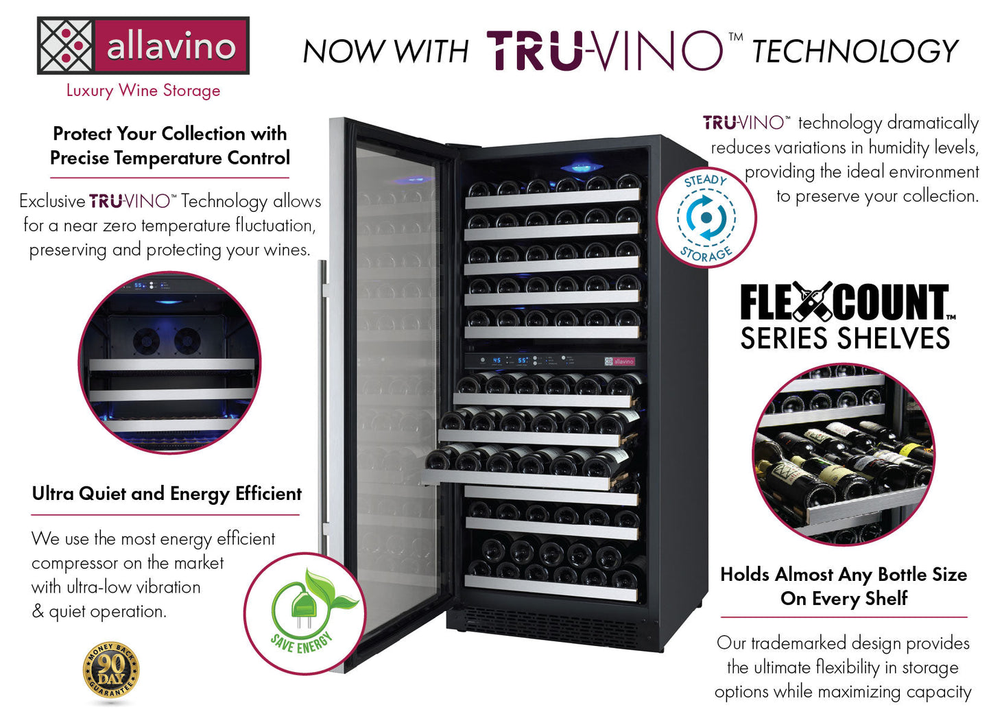 Allavino 24" Wide FlexCount II Tru-Vino 121 Bottle Dual Zone Stainless Steel Left Hinge Wine Refrigerator