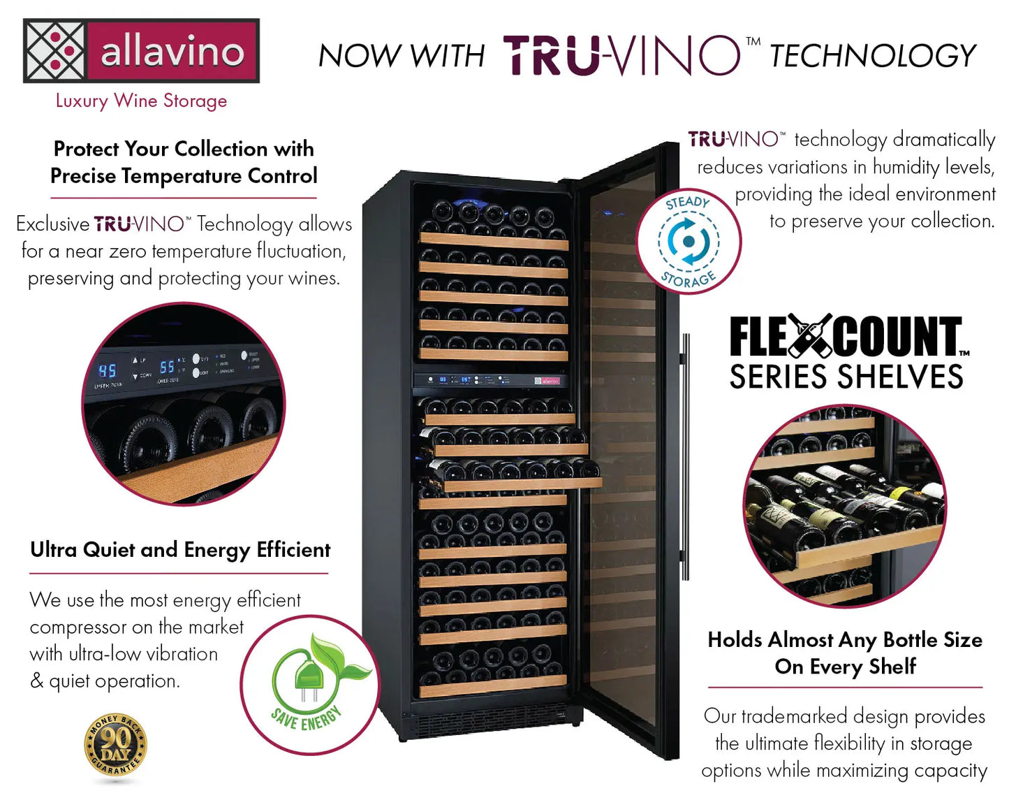 Allavino FlexCount Series 344 Bottle Four Zone Tall Side-by-Side Wine Refrigerators with Black Doors