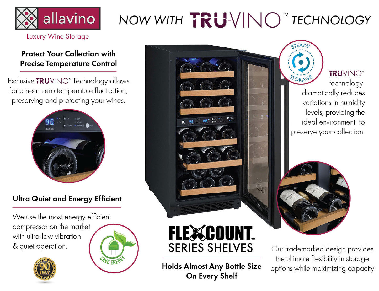 Allavino 15" Wide FlexCount II Tru-Vino Technology 30 Bottle Dual Zone Black Wine Refrigerator