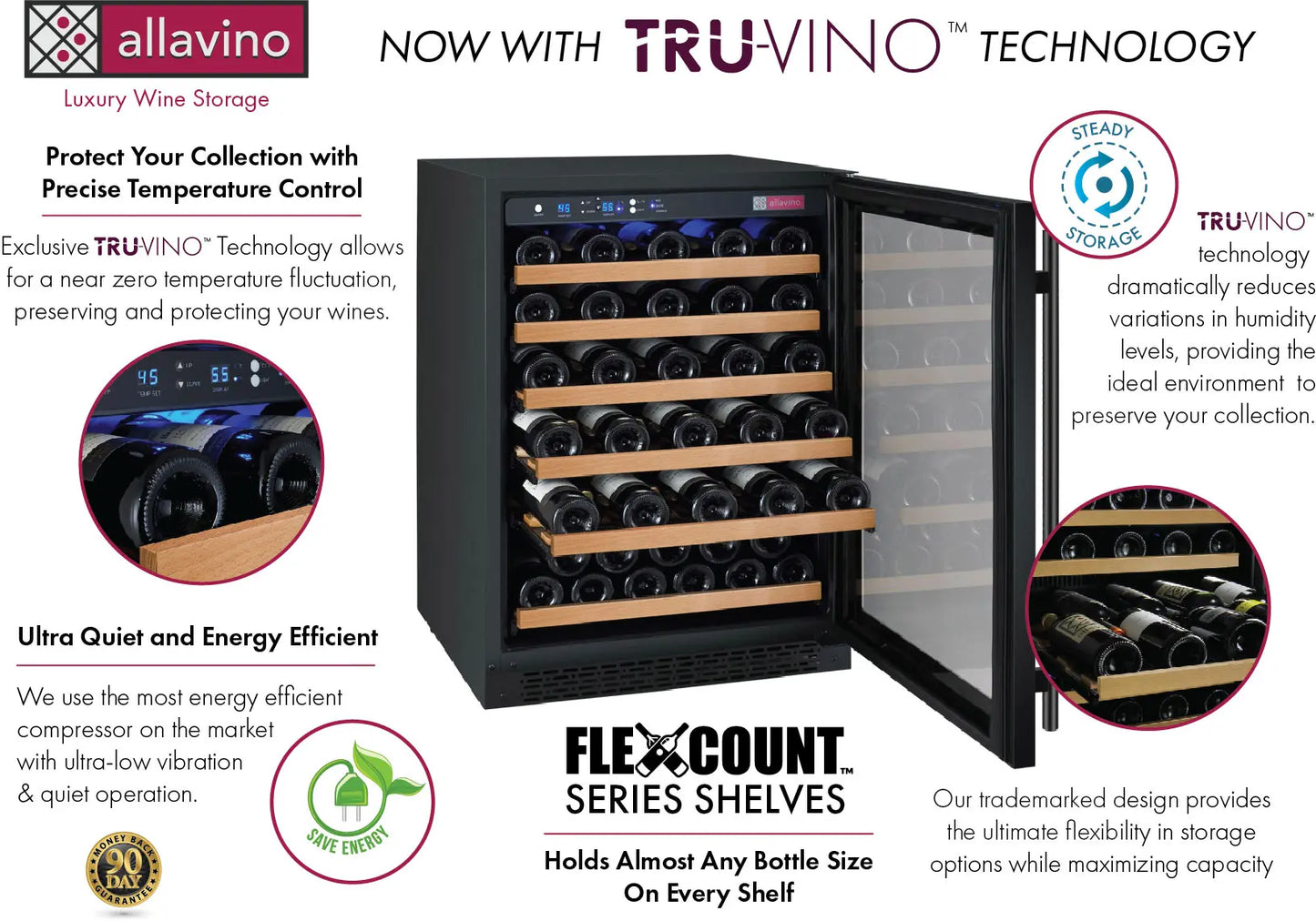 Allavino FlexCount Series 112 Bottle Dual Zone Built-in Side-by-Side Wine Refrigerators with Black Doors