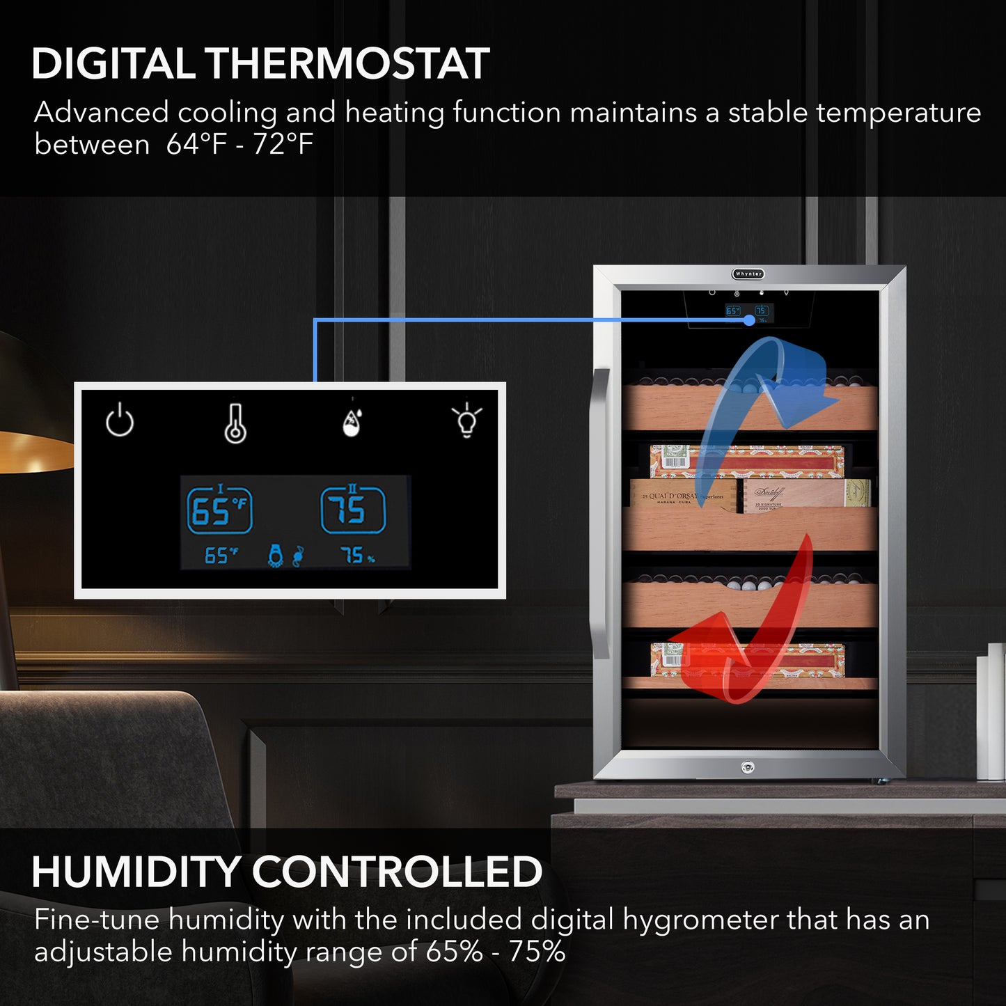 Whynter CHC-421HC 650-Count 4.2 cu.ft. Electric Cigar Cabinet Cooler and Humidor with Humidity Temperature Control Cooling & Heating and Spanish Cedar Shelves