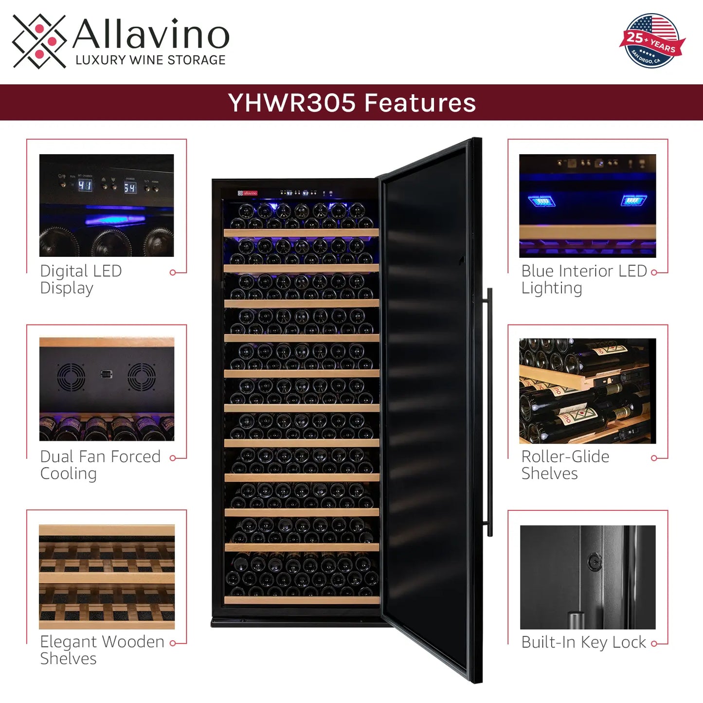 Allavino Vite Series 610 Bottle Dual Zone Freestanding Large Capacity Side-by-Side Wine Refrigerator with Solid Black Doors