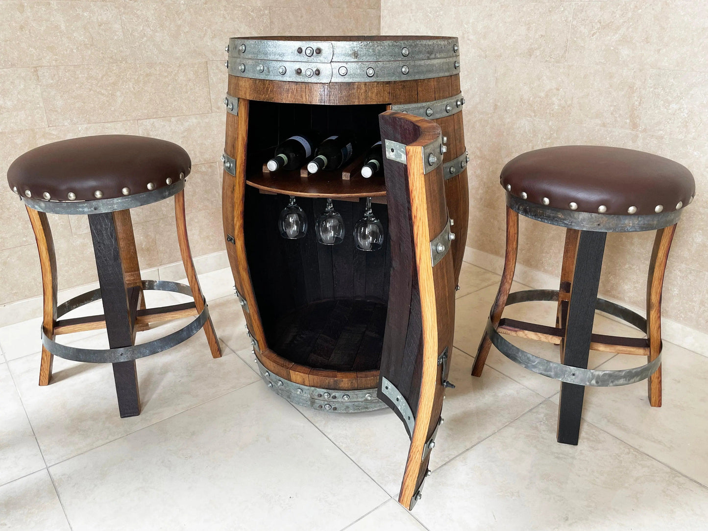 Whiskey & Wine Barrel Stool — Memory Foam, Brown Upholstery