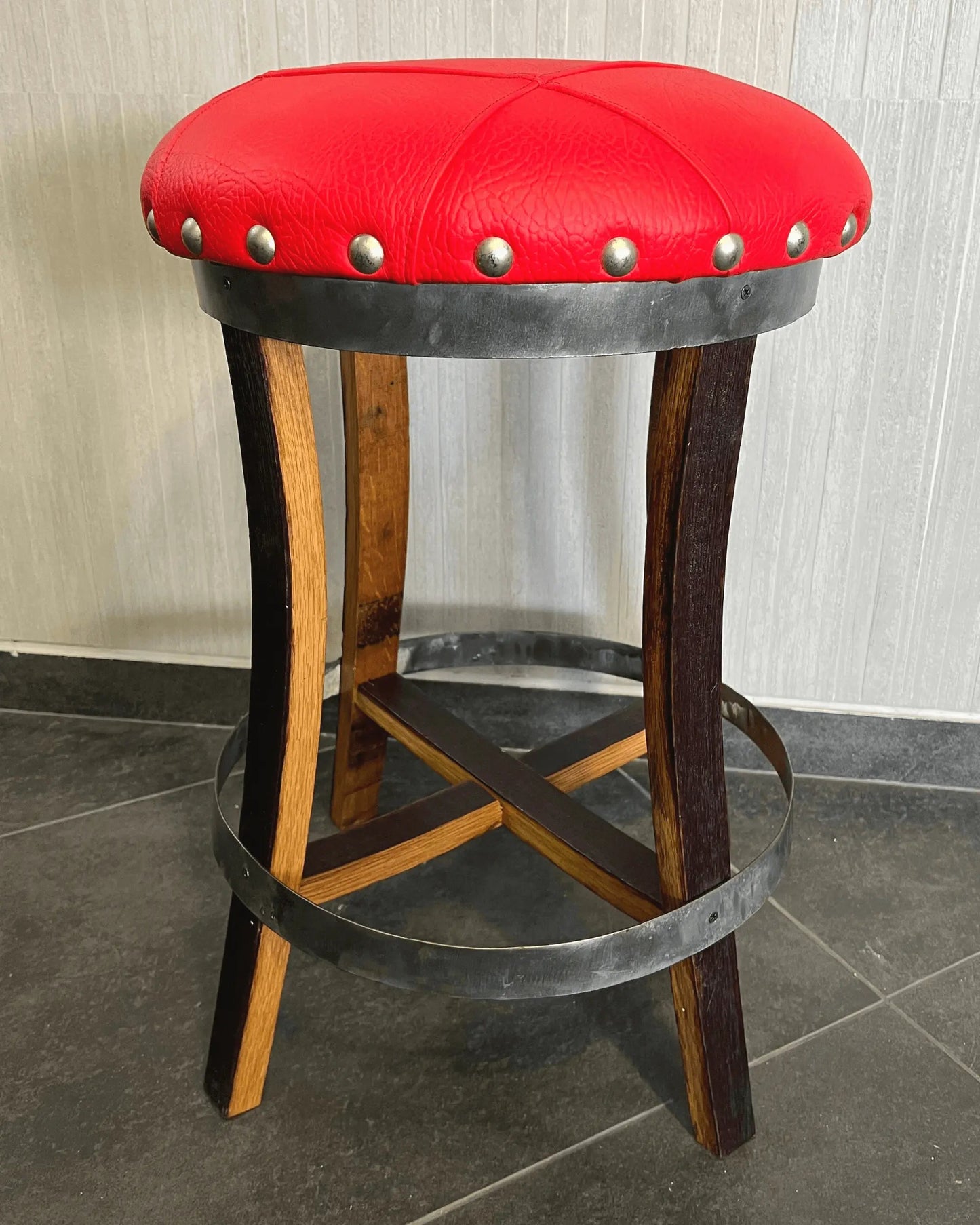 Whiskey & Wine Barrel Stool — Memory Foam, Red Upholstery