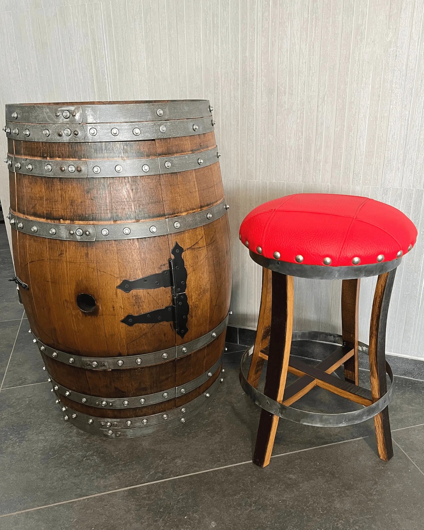 Whiskey & Wine Barrel Stool — Memory Foam, Red Upholstery