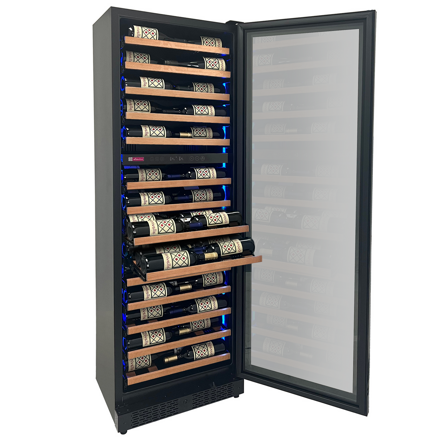 Allavino Reserva Series 67 Bottle 71" Tall Dual Zone Right Hinge Black Shallow Wine Refrigerator with Wood Shelf Fronts
