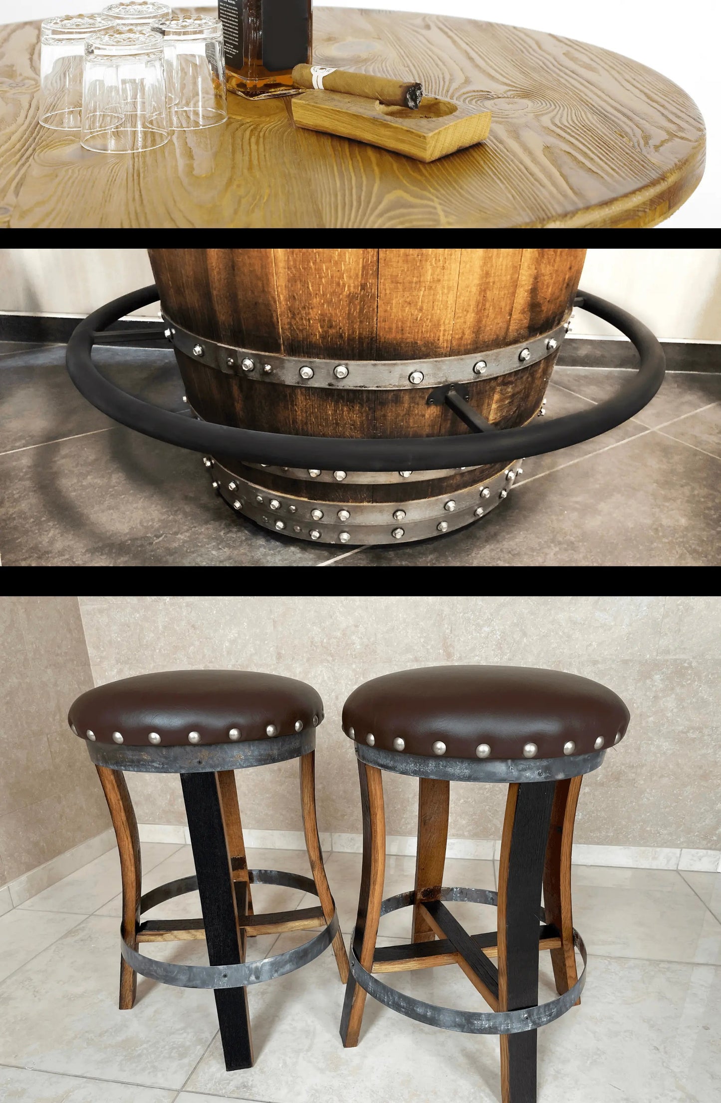Whiskey & Wine Barrel DIY Bistro Kit — Table Top, Foot Rail & Stools