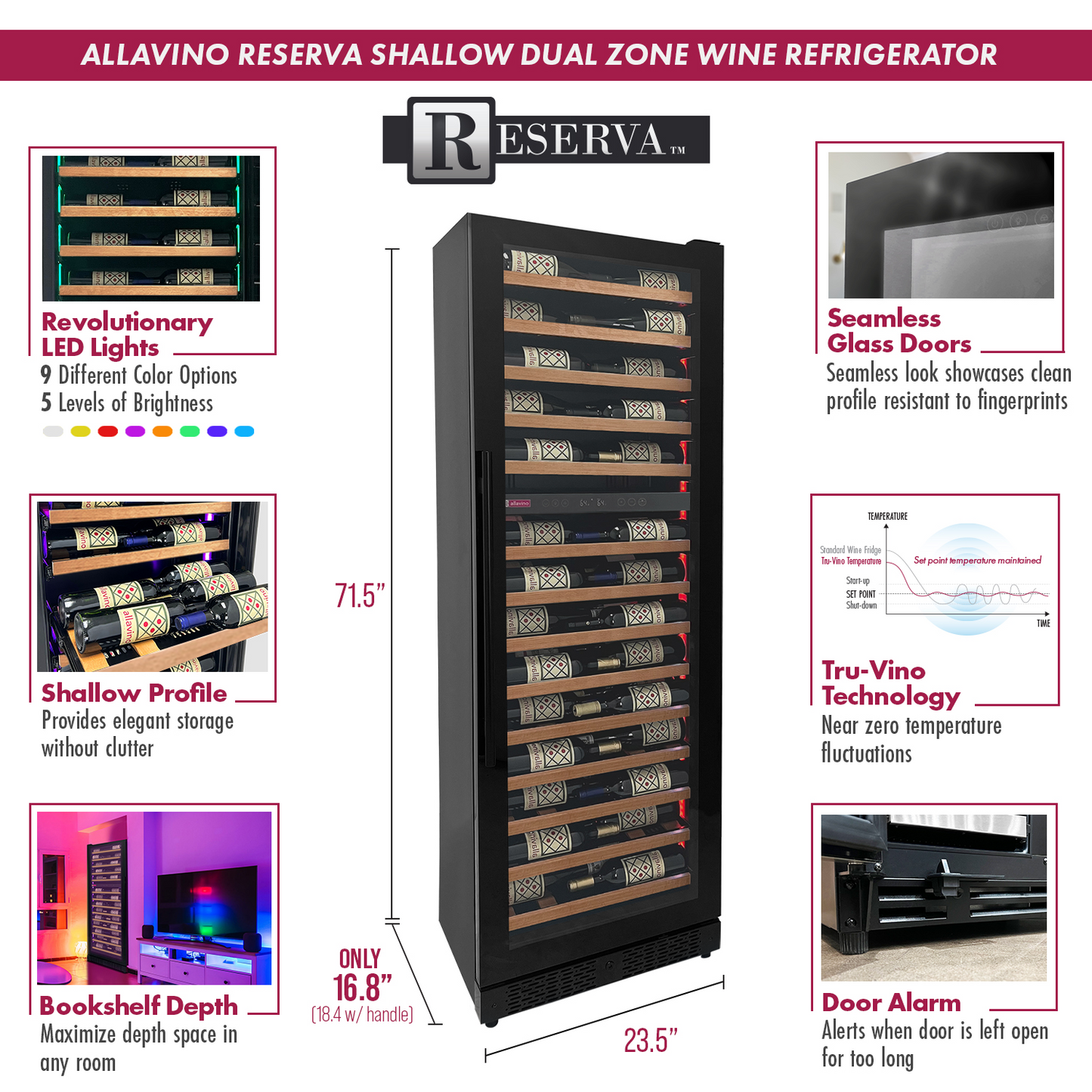 Allavino Reserva Series 67 Bottle 71" Tall Dual Zone Right Hinge Black Shallow Wine Refrigerator with Wood Shelf Fronts