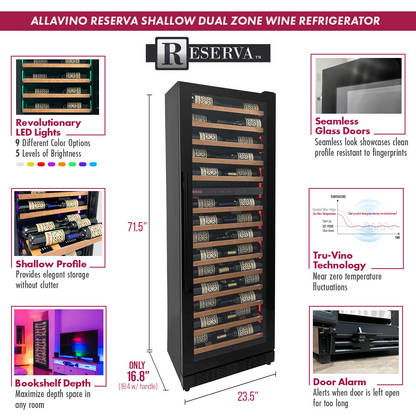 Allavino Reserva Series 67 Bottle 71" Tall Dual Zone Right Hinge Black Shallow Wine Refrigerator with Wood Shelf Fronts