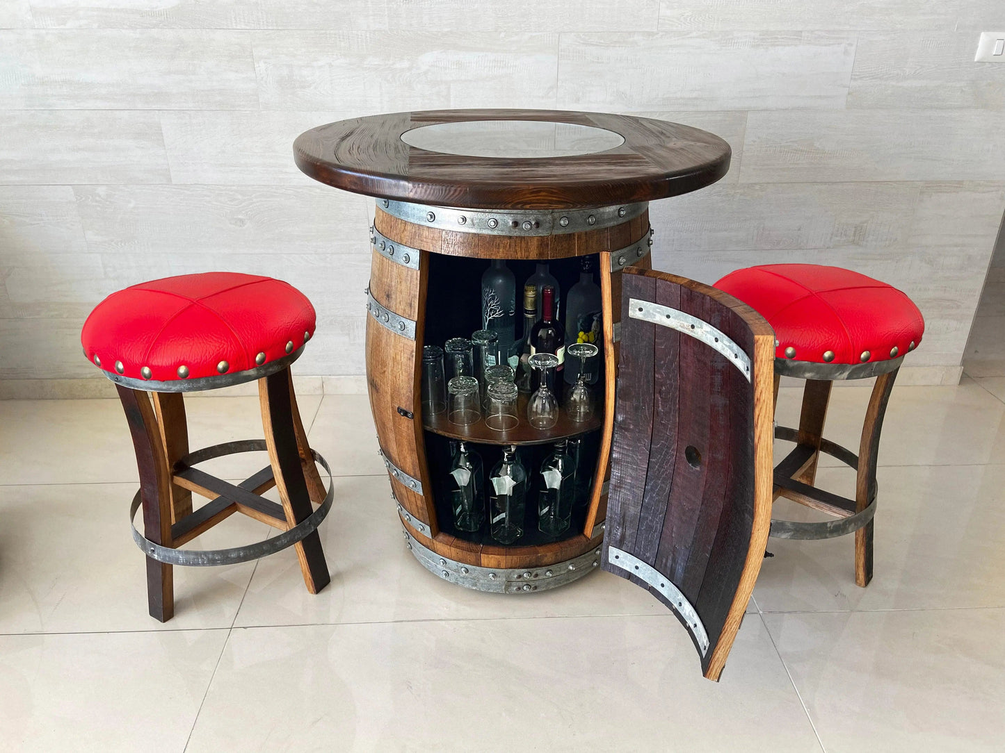 Oak Barrel Pub Table Set, Limited Colorways, Counter Height Wood Glass Top, Cabinet Storage, Bar Stools, Home Bar, Man Cave - Handmade from Family Business