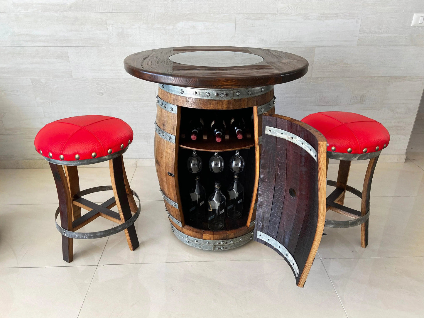 Oak Barrel Pub Table Set, Limited Colorways, Counter Height Wood Glass Top, Cabinet Storage, Bar Stools, Home Bar, Man Cave - Handmade from Family Business
