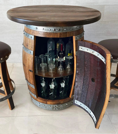 Multi-Use Whiskey & Wine Barrel Bar Set — Glass Top, Cabinet Storage