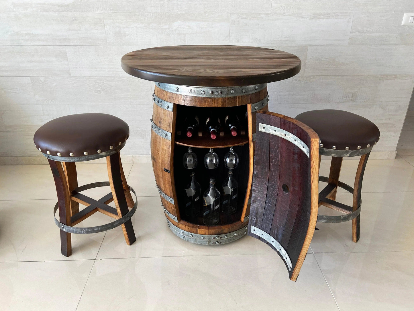 Multi-Use Whiskey & Wine Barrel Bar Set — Glass Top, Cabinet Storage