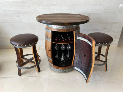 Multi-Use Whiskey & Wine Barrel Bar Set — Glass Top, Cabinet Storage