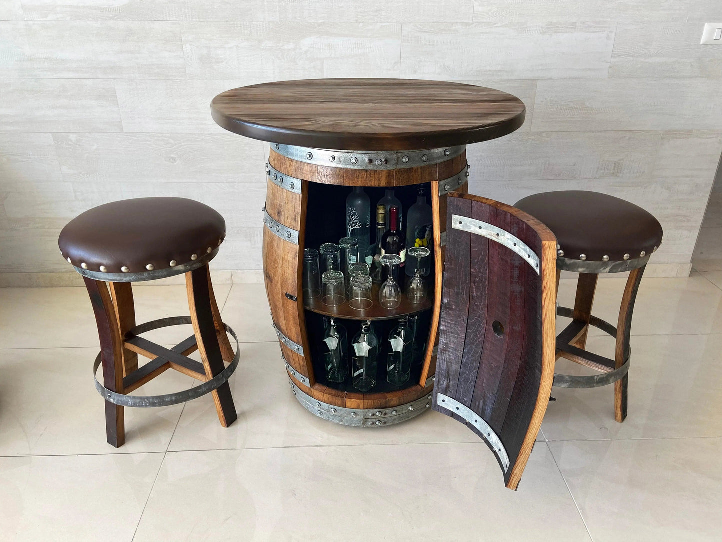 Multi-Use Whiskey & Wine Barrel Bar Set — Glass Top, Cabinet Storage