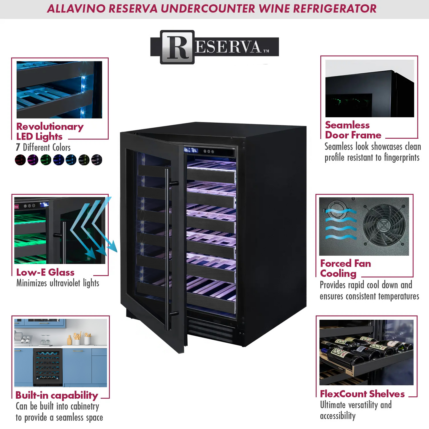 Allavino Reserva Series 50 Bottle 34" Tall Single Zone Left Hinge Black Stainless Steel Wine Cooler Refrigerator