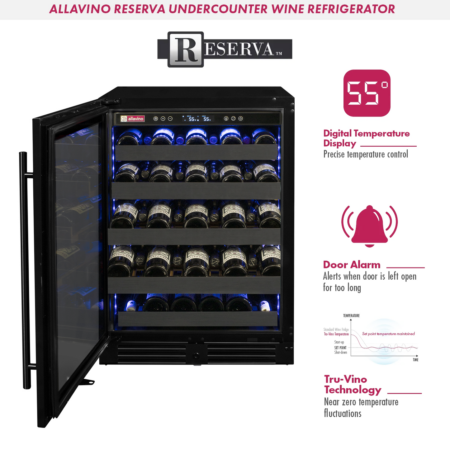 Allavino Reserva Series 50 Bottle 34" Tall Single Zone Left Hinge Black Stainless Steel Wine Cooler Refrigerator