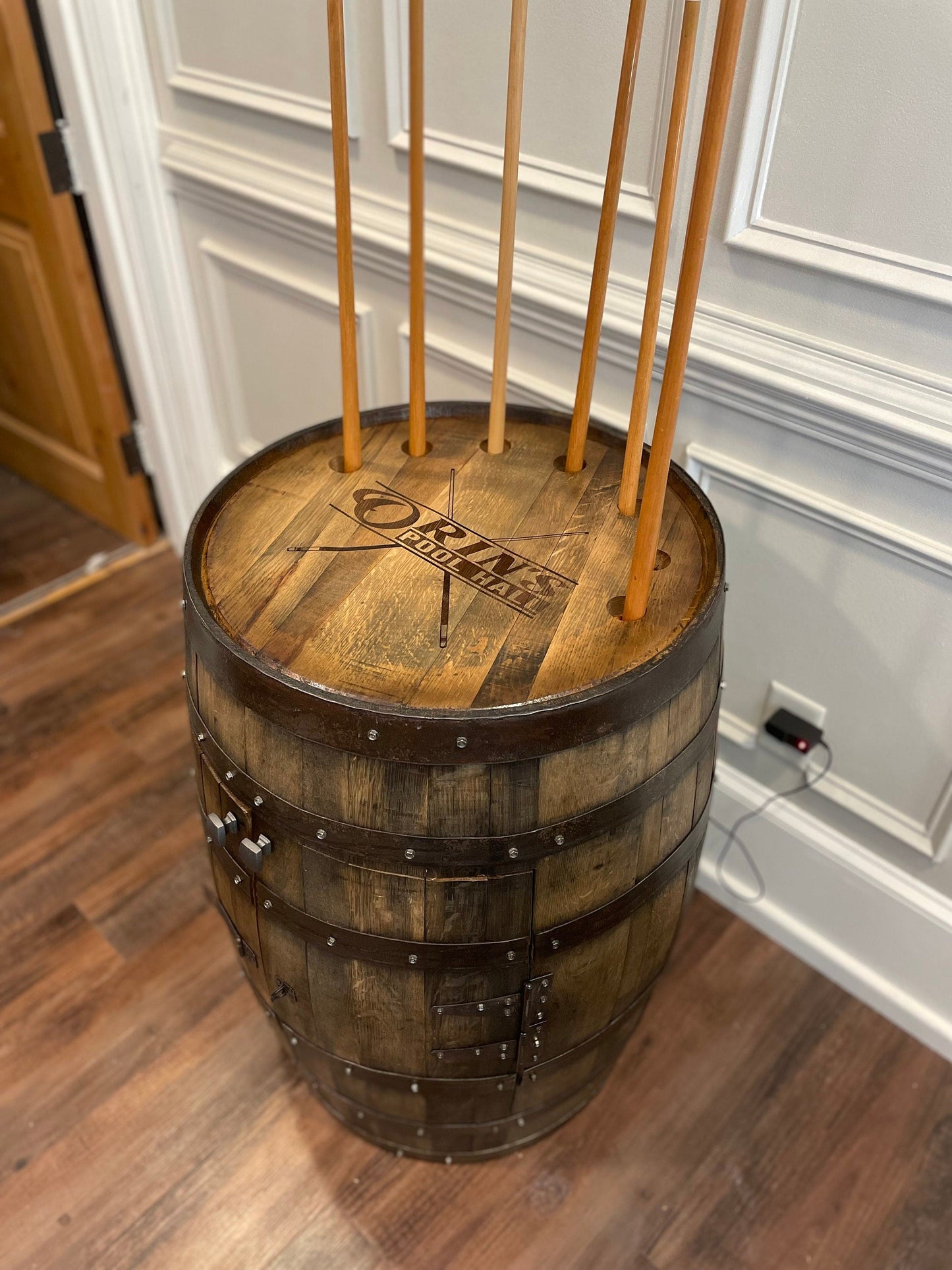 Whiskey Barrel Pool Cue & Billiards Cabinet