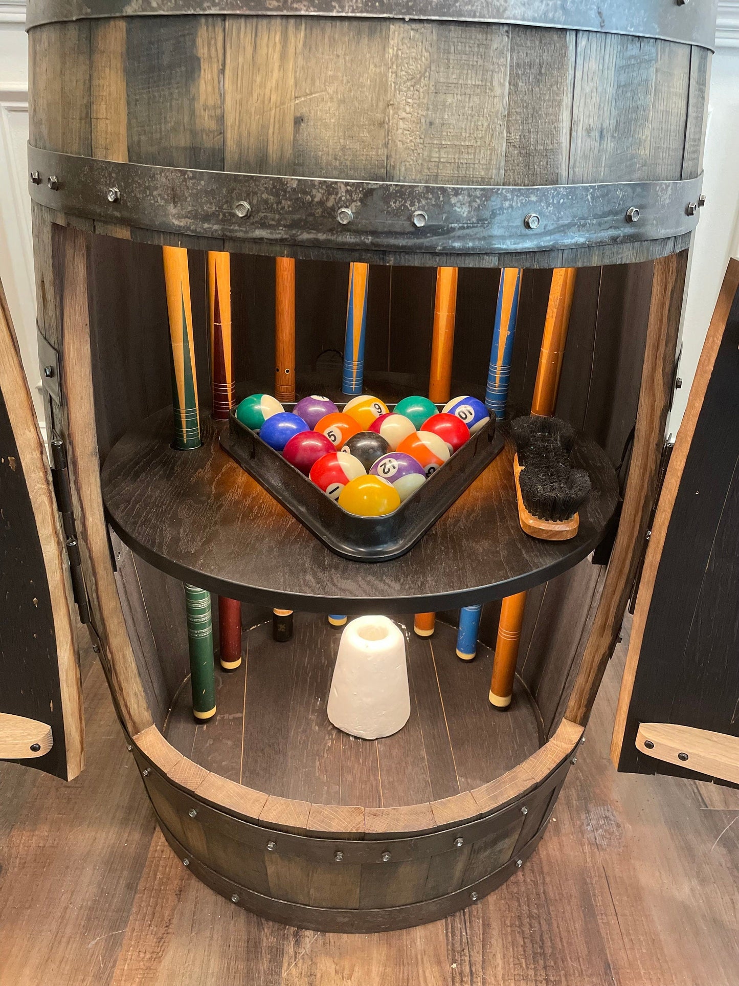 Whiskey Barrel Pool Cue & Billiards Cabinet