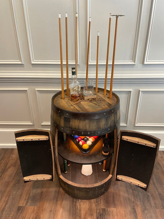 Whiskey Barrel Pool Cue & Billiards Cabinet