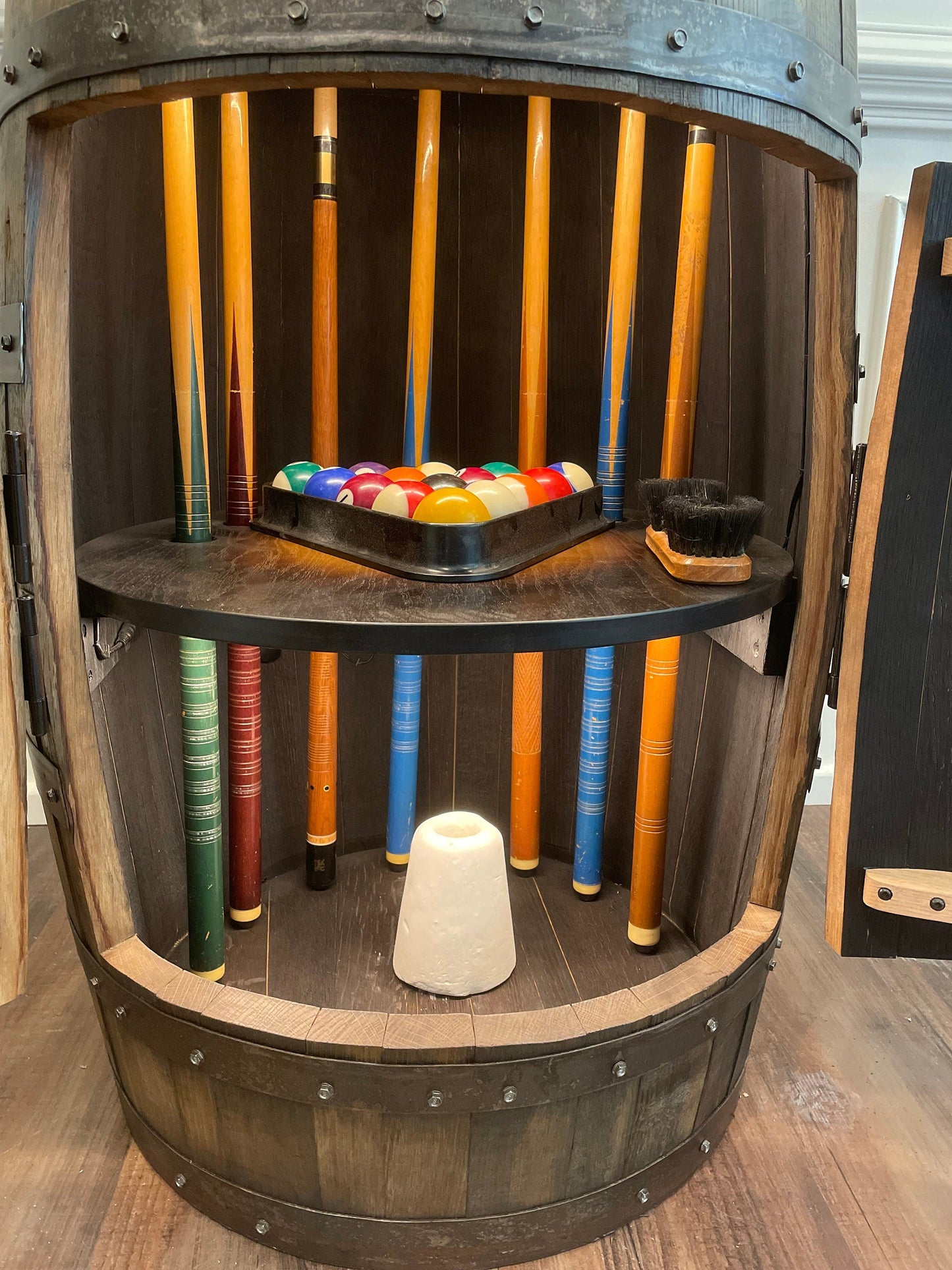 Whiskey Barrel Pool Cue & Billiards Cabinet