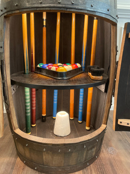 Whiskey Barrel Pool Cue & Billiards Cabinet