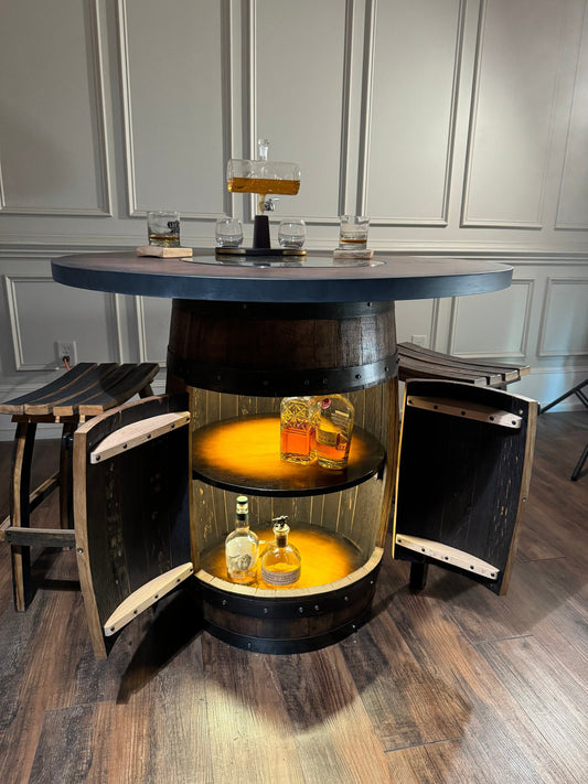Custom Bourbon Whiskey Barrel Bar Table for Home Bars & Game Rooms