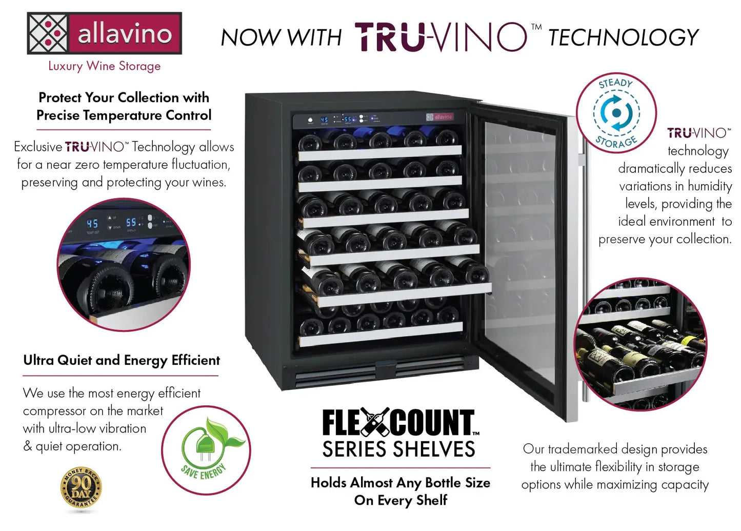 Allavino FlexCount Series 56 Bottle Single Zone Undercounter Wine Refrigerator with Stainless Steel Door - Right Hinge