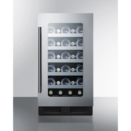 Summit Appliance 18 inch wide built-in wine cellar with seamless stainless steel trimmed glass door