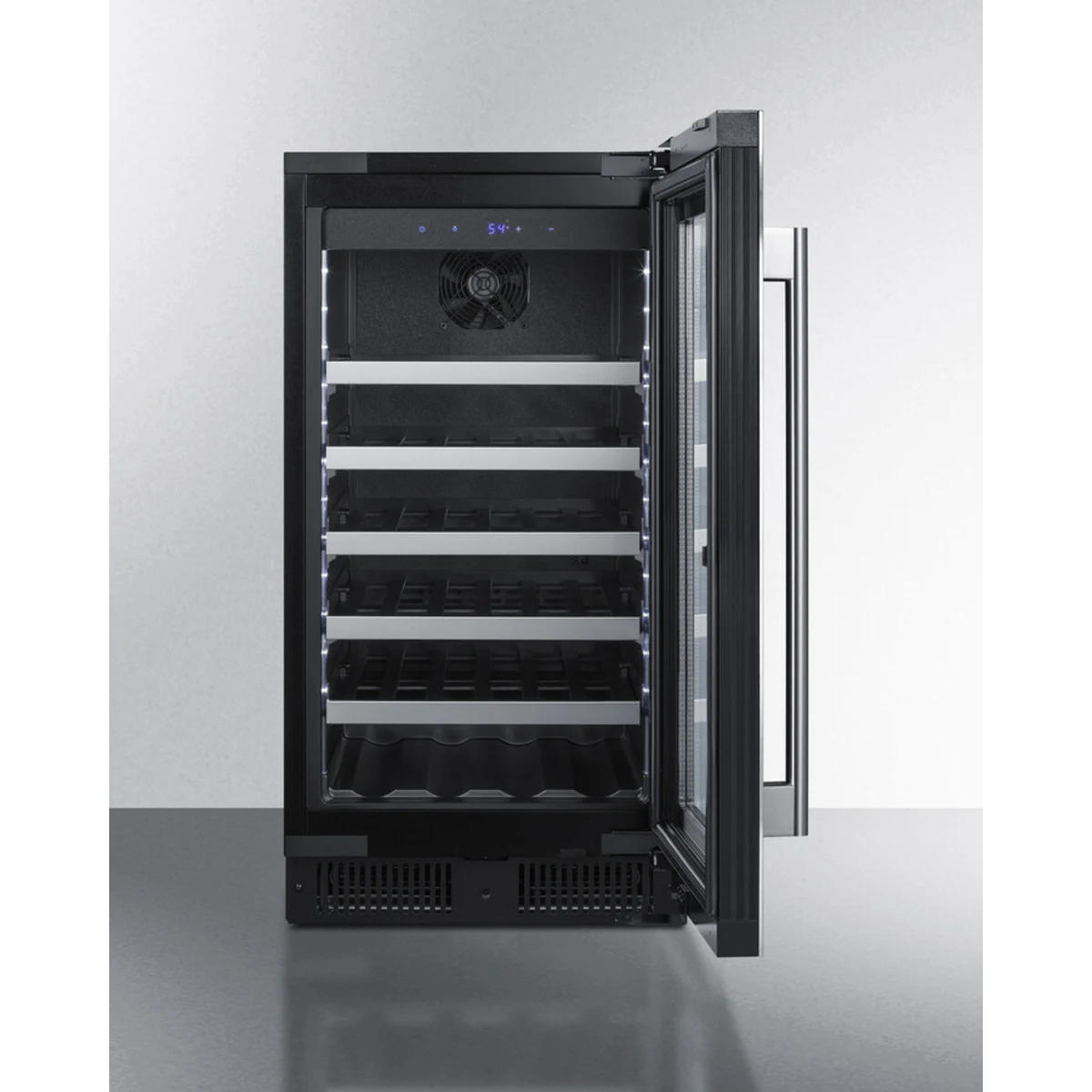 Summit Appliance 18 inch wide built-in wine cellar with seamless stainless steel trimmed glass door