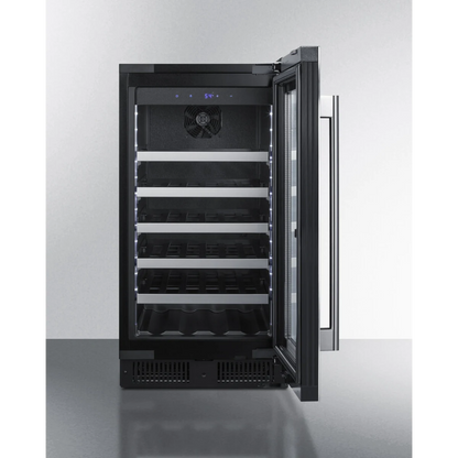 Summit Appliance 18 inch wide built-in wine cellar with seamless stainless steel trimmed glass door