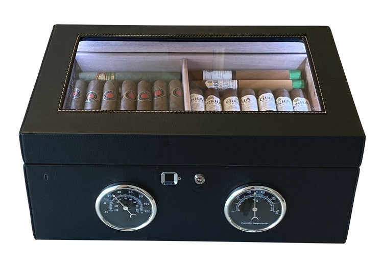 Prestige Import Group 120 Ct. Black Humidor w/ Finger Print Touch Lock, Dual Gauges & LED Lighting