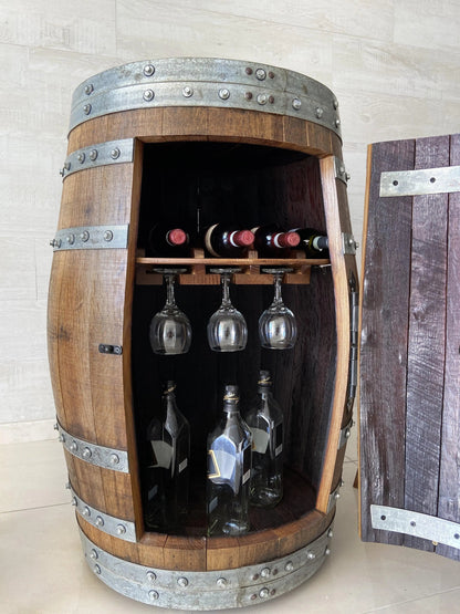 Luxury Wine Barrel Bar Set w/ Pub Table & Wine Barrel Bar Stools - Multi-Use Wine and Whiskey Home Bar Furniture