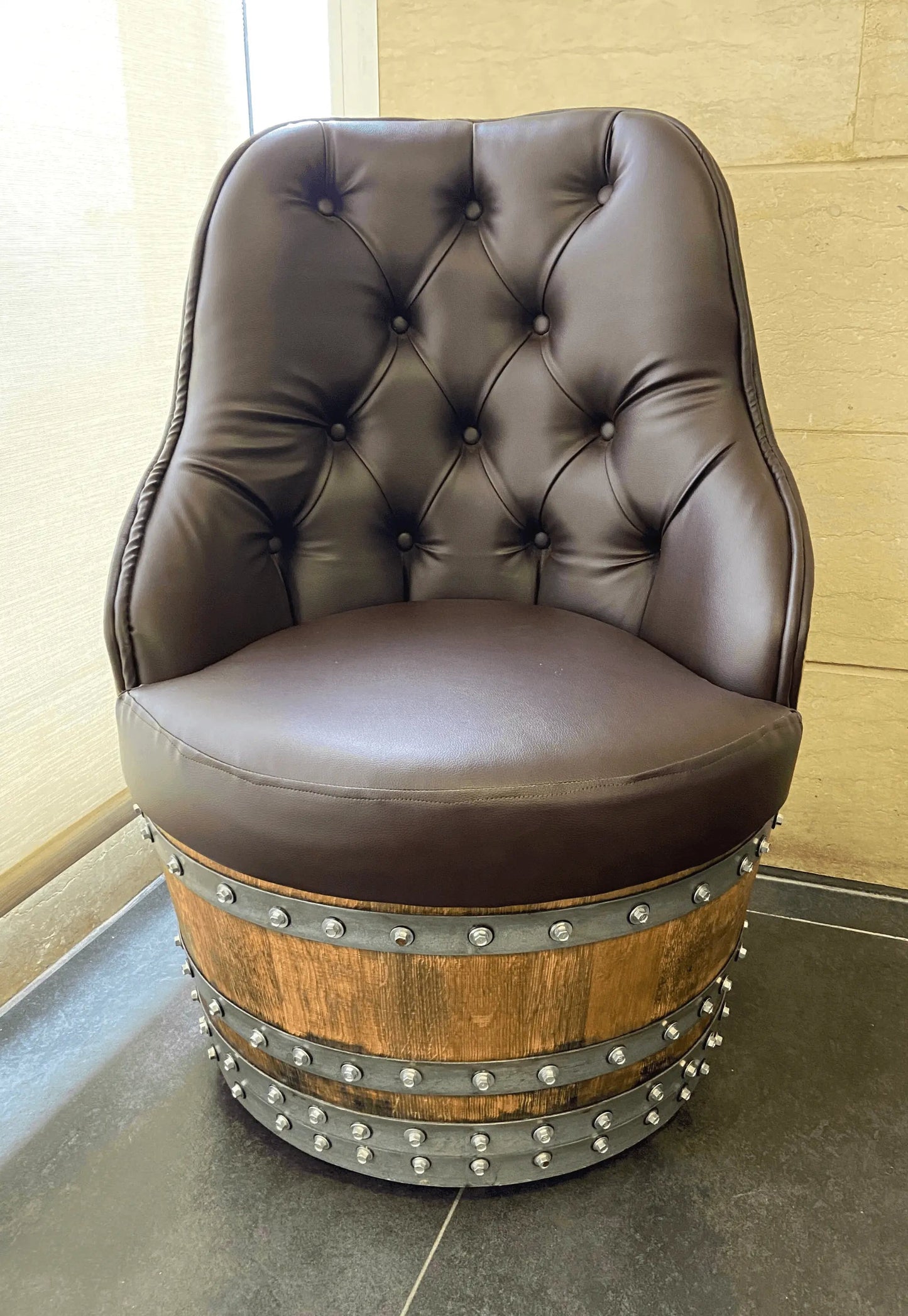 Luxury Whiskey & Wine Barrel Captain Chair Corner Set — Two Chairs & Corner Table (October Pre-Order)